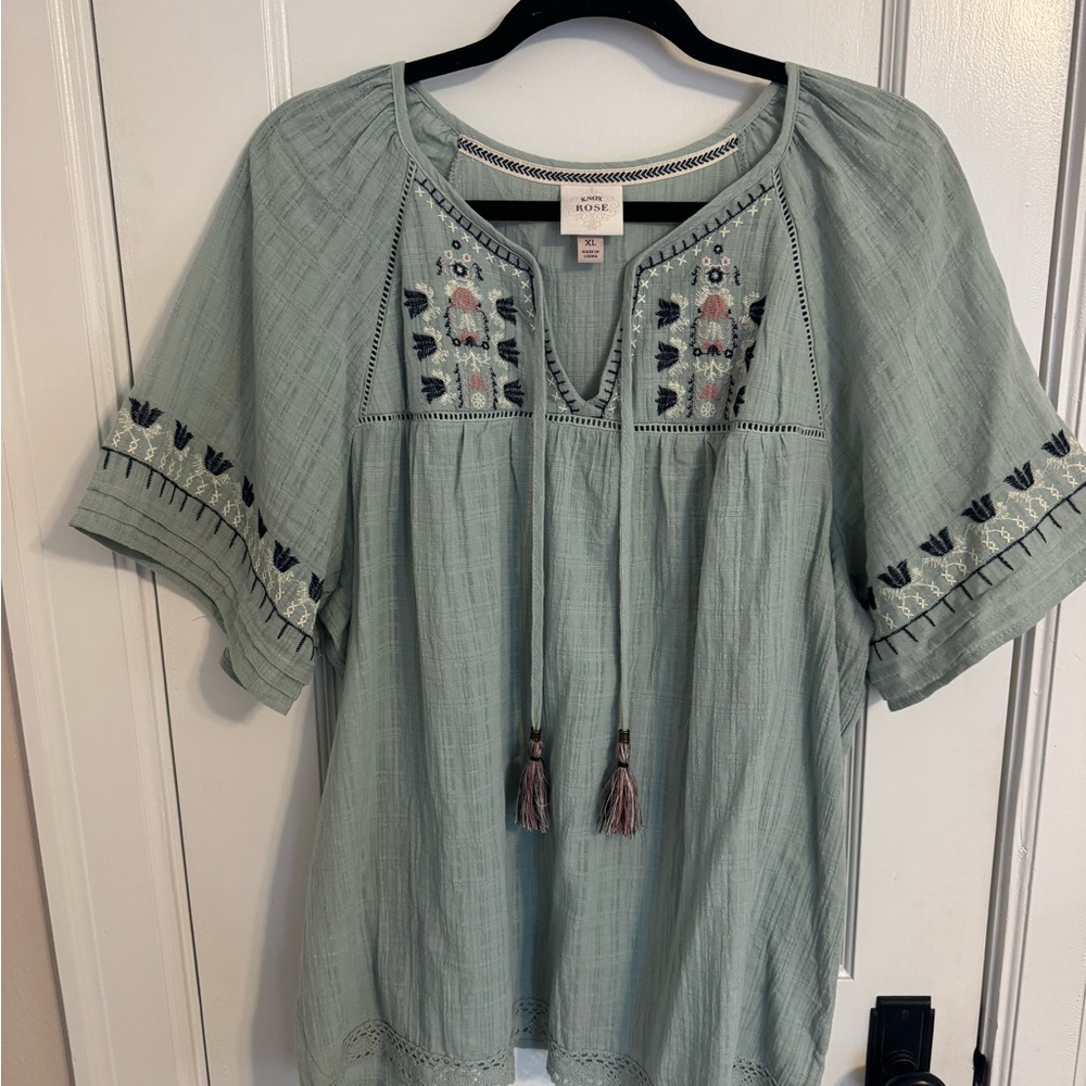 Knox Rose Blue Flutter Sleeve Tunic with Tie Front